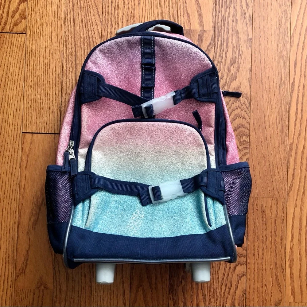 Pottery Barn Kids Glitter Pink Teal Rolling Backpack Homework Supplies Pouch Set